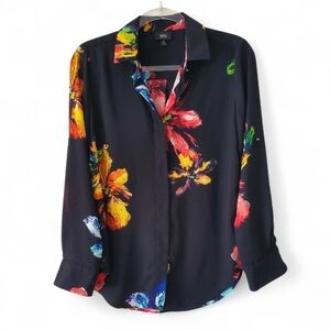 Mossimo Floral Blouse Black Multicolor Sz S Button Front Roll Tab Sleeve Top EUC
